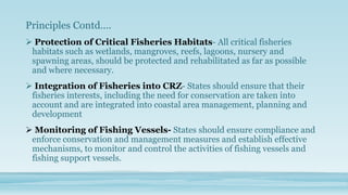 Principles Contd….
 Protection of Critical Fisheries Habitats- All critical fisheries
 habitats such as wetlands, mangroves, reefs, lagoons, nursery and
 spawning areas, should be protected and rehabilitated as far as possible
 and where necessary.
 Integration of Fisheries into CRZ- States should ensure that their
 fisheries interests, including the need for conservation are taken into
 account and are integrated into coastal area management, planning and
 development
 Monitoring of Fishing Vessels- States should ensure compliance and
 enforce conservation and management measures and establish effective
 mechanisms, to monitor and control the activities of fishing vessels and
 fishing support vessels.
 