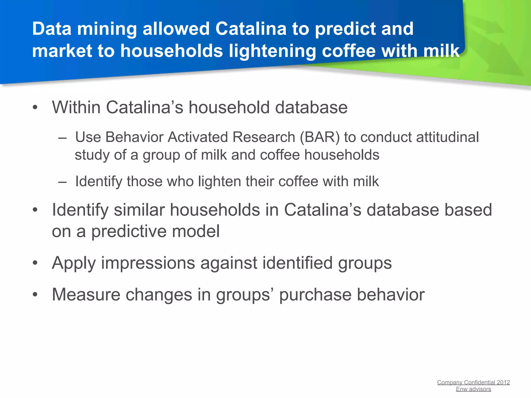 Data mining allowed Catalina to predict and
market to households lightening coffee with milk


•  Within Catalina’s household database
   –  Use Behavior Activated Research (BAR) to conduct attitudinal
      study of a group of milk and coffee households
   –  Identify those who lighten their coffee with milk

•  Identify similar households in Catalina’s database based
   on a predictive model
•  Apply impressions against identified groups
•  Measure changes in groups’ purchase behavior



                                                           Company Confidential 2012
                                                                Enw advisors
 
