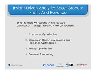 Insight-Driven Analytics Boost Grocery
         Profits And Revenue

  Smart retailers will respond with a focused
  optimization strategy featuring 4 key components: 
     
         1.  Assortment Optimization

         2.  Campaign Planning, Marketing and
             Promotion Optimization

         3.  Pricing Optimization

         4.  Demand Forecasting
 