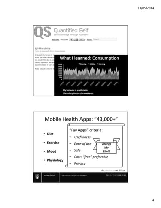 23/05/2014
4
e H e a l t h S t r a t e g y O f f i c e
• Diet
• Exercise
• Mood
• Physiology
Mobile Health Apps: “43,000+”
“Fav Apps” criteria:
• Usefulness
• Ease of use
• Safe
• Cost: “free” preferable
• Privacy
Change
My
Life!!
 
