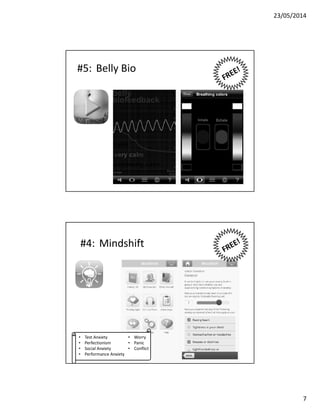 23/05/2014
7
#5: Belly Bio
• Test Anxiety
• Perfectionism
• Social Anxiety
• Performance Anxiety
• Worry
• Panic
• Conflict
#4: Mindshift
 