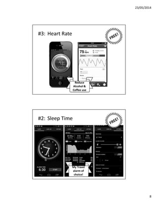 23/05/2014
8
Reduce
Alcohol &
Coffee use
#3: Heart Rate
My Travel
alarm of
choice!
#2: Sleep Time
 