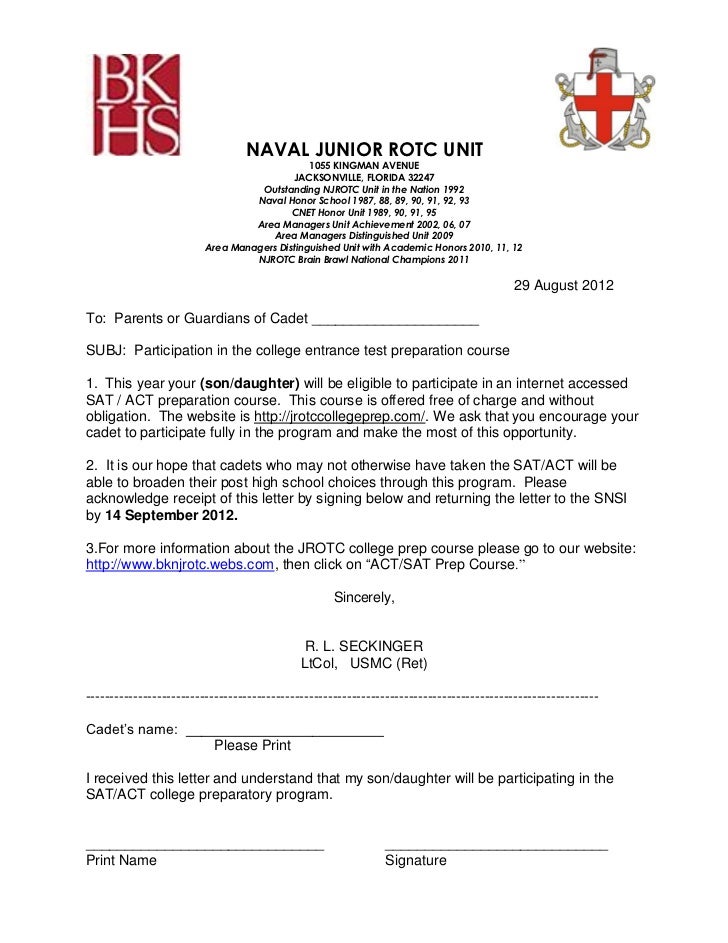 SAT/ACT JROTC College Prep Course letter to the Parents