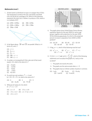 Mathematics Level 1

1. A band wants to distribute its music on compact discs (CDs).
   The equipment to produce the CDs costs $250, and blank
   CDs cost $5.90 for a package of 10. Which of the following
   represents the total cost, in dollars, to produce n CDs, where n
   is a multiple of 10?

   (A)                         (B)
   (C)                         (D)
   (E)

                                                                      6. The graphs above show United States Census Bureau
                                                                         population ﬁgures for the year 2000 for various age
                                                                         groups, together with projections for the year 2050.
                                                                         Of the following age groups, for which is the projected
                                                                         percent increase in population from 2000 to 2050
                                                                         greatest?

                                                                         (A) 30−39     (B) 40−49    (C) 50−59
2. In the ﬁgure above,         and      are parallel. What is x in            (D) 60−69     (E) 70−79
   terms of y and z ?
                                                                      7. If              , which of the following must be true?
   (A)
                                                                         (A)                   (B)               (C)
   (B)
                                                                                   (D)                (E)
   (C)
   (D)
                                                                      8. If                                         which of the following
   (E)
                                                                         statements are true about the graphs of        and   in the
3. A number n is increased by 8. If the cube root of that result         xy-plane?
   equals –0.5, what is the value of n ?
                                                                              I. The graphs are exactly the same.
   (A) −15.625
   (B) −8.794                                                             II. The graphs are the same except when             .
   (C) −8.125                                                            III. The graphs have an inﬁnite number of points in common.
   (D) −7.875
                                                                         (A) I only        (B) II only      (C) III only
   (E) 421.875
                                                                               (D) I and III      (E) II and III
4. If a and b are real numbers,          , and
                          , what is the value of b ?

   (A) 4                 (B) 5            (C) 9
           (D) 4 + 5i            (E) 5 + 4i

5. What are all values of x for which
                   ?

   (A)                   (B)
   (C)                   (D)
   (E)




                                                                                                                       SAT Subject Tests 37
 