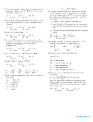 21. For some real number t, the ﬁrst three terms of an arithmetic
    sequence are 2t , 5t − 1, and 6t + 2 . What is the numerical      28. The linear regression model above is based on an analysis
    value of the fourth term?                                             of nutritional data from 14 varieties of cereal bars to relate
                                                                          the percent of calories from fat (F ) to the percent of calories
    (A) 4                (B) 8            (C) 10
            (D) 16               (E) 19                                   from carbohydrates (C ). Based on this model, which of the
                                                                          following statements must be true?
22. The diameter and height of a right circular cylinder are equal.
                                                                           I. There is a positive correlation between C and F.
    If the volume of the cylinder is 2, what is the height of the
    cylinder?                                                             II. When 20 percent of calories are from fat, the predicted
                                                                              percent of calories from carbohydrates is approximately
    (A) 1.37       (B) 1.08       (C) 0.86                                    73.
          (D) 0.80       (E) 0.68
                                                                          III. The slope indicates that as F increases by 1, C decreases
23. If               , then                                                    by 1.02.
    (A) −0.57     (B) −0.43     (C) 0                                    (A) II only          (B) I and II only
         (D) 0.43      (E) 0.57                                          (C) I and III only   (D) II and III only
                                                                                 (E) I, II, and III
24. In a group of 10 people, 60 percent have brown eyes. Two
    people are to be selected at random from the group. What is       29. A line has parametric equations             and            ,
    the probability that neither person selected will                     where t is the parameter. The slope of the line is
    have brown eyes?
                                                                         (A)                    (B) 1             (C)
    (A) 0.13       (B) 0.16       (C) 0.25
          (D) 0.36       (E) 0.64                                                (D)                  (E) 7

25. If       is a factor of                     , then                30. What is the range of the function deﬁned by

    (A) −6               (B) −3           (C) 2                                          ?
         (D) 3                 (E) 6

26. If                                                                   (A) All real numbers
                        , what is         ?
                                                                         (B) All real numbers except
    (A) 3.4              (B) 2.4       (C) 1.6
          (D) 1.5              (E) 1.3                                   (C) All real numbers except 0
                                                                         (D) All real numbers except 2
                                                                         (E) All real numbers between 2 and 3

                                                                      31. The number of hours of daylight, d, in Hartsville can be
27. Which of the following equations best models the data in the          modeled by
    table above?                                                                                  , where t is the number of

    (A)                                                                  days after March 21. The day with the greatest number of
    (B)                                                                  hours of daylight has how many more daylight hours than
    (C)                                                                  May 1? (March and May have 31 days each. April and June
    (D)                                                                  have 30 days each.)

    (E)                                                                  (A) 0.8 hr      (B) 1.5 hr     (C) 2.3 hr
                                                                              (D) 3.0 hr       (E) 4.7 hr




                                                                                                                        SAT Subject Tests 39
 