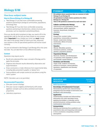 Biology E/M                                                       FORMAT                                         Approximate Approximate
                                                                                                                   % Test E   % Test M

                                                                  60 multiple-choice questions that are common to both
One-hour subject tests                                            Biology-E and Biology-M
How to Choose Biology-E or Biology-M                              20 specialized multiple-choice questions for either
                                                                  Biology-E or Biology-M
■ Take Biology-E if you feel more comfortable answering
                                                                  Total of 80 questions answered by each test-taker
  questions pertaining to biological communities, populations,
  and energy ﬂow.                                                 Cellular and Molecular Biology                     15          27
■ Take Biology-M if you feel more comfortable answering           Cell structure and organization, mitosis,
                                                                  photosynthesis, cellular respiration,
  questions pertaining to biochemistry, cellular structure and
                                                                  enzymes, biosynthesis, biological
  processes, such as respiration and photosynthesis.
                                                                  chemistry
Once you decide which emphasis to take, you need to ﬁll in the    Ecology                                            23          13
appropriate code for the test you have chosen on your answer      Energy ﬂow, nutrient cycles,
sheet. Important: If you change your mind, you must change        populations, communities, ecosystems,
the code on the answer sheet to match your test; otherwise,       biomes, conservation biology,
your answers to the 20 specialized questions will not be scored   biodiversity, effects of human
                                                                  intervention
correctly.
                                                                  Genetics                                           15          20
You are not allowed to take Biology-E and Biology-M on the same   Meiosis, Mendelian genetics,
test date. You can take them on two different test dates.         inheritance patterns, molecular
                                                                  genetics, population genetics
Content                                                           Organismal Biology                                 25          25
Questions may require you to:                                     Structure, function, and development
                                                                  of organisms (with emphasis on plants
■   Recall and understand the major concepts of biology and to    and animals), animal behavior
    apply the principles                                          Evolution and Diversity                            22          15
■   Organize and interpret results obtained by observation and    Origin of life, evidence of evolution,
    experimentation                                               patterns of evolution, natural selection,
                                                                  speciation, classiﬁcation and diversity
■   Draw conclusions or make inferences from experimental data,
                                                                  of organisms
    including data presented in graphic or tabular form
■   Solve problems with simple numerical calculations using the
    metric system

NOTE: Calculator use is not permitted.
                                                                  BIOLOGY-E AND                                           Approximate

Recommended Preparation                                           BIOLOGY-M                                                % of Test

■ One-year course in biology                                      Skills Speciﬁcations
■ One-year course in algebra and familiarity with simple          Knowledge of Fundamental Concepts                            30
  algebraic concepts such as ratios and direct and inverse        Remembering speciﬁc facts; demonstrating
  proportions                                                     straightforward knowledge of information and
                                                                  familiarity with terminology
■ Laboratory experience
                                                                  Application                                                  35
                                                                  Understanding concepts and reformulating
                                                                  information into other equivalent forms;
                                                                  applying knowledge to unfamiliar and/or
                                                                  practical situations; solving problems using
                                                                  mathematical relationships
                                                                  Interpretation                                               35
                                                                  Inferring and deducing from qualitative and
                                                                  quantitative data and integrating information
                                                                  to form conclusions; recognizing unstated
                                                                  assumptions




                                                                                                                  SAT Subject Tests 41
 
