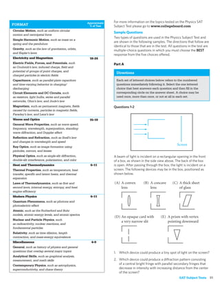 Approximate   For more information on the topics tested on the Physics SAT
FORMAT                                               % of Test    Subject Test please go to www.collegeboard.com
Circular Motion, such as uniform circular
                                                                  Sample Questions
motion and centripetal force
                                                                  Two types of questions are used in the Physics Subject Test and
Simple Harmonic Motion, such as mass on a
                                                                  are shown in the following samples. The directions that follow are
spring and the pendulum
                                                                  identical to those that are in the test. All questions in the test are
Gravity, such as the law of gravitation, orbits,                  multiple-choice questions in which you must choose the BEST
and Kepler’s laws
                                                                  response from the ﬁve choices offered.
Electricity and Magnetism                            18–24
Electric Fields, Forces, and Potentials, such                     Part A
as Coulomb’s law, induced charge, ﬁeld and
potential of groups of point charges, and
                                                                   Directions
charged particles in electric ﬁelds
Capacitance, such as parallel-plate capacitors                     Each set of lettered choices below refers to the numbered
and time-varying behavior in charging/                             questions immediately following it. Select the one lettered
discharging                                                        choice that best answers each question and then ﬁll in the
Circuit Elements and DC Circuits, such                             corresponding circle on the answer sheet. A choice may be
as resistors, light bulbs, series and parallel                     used once, more than once, or not at all in each set.
networks, Ohm’s law, and Joule’s law
Magnetism, such as permanent magnets, ﬁelds                       Questions 1-2
caused by currents, particles in magnetic ﬁelds,
Faraday’s law, and Lenz’s law
Waves and Optics                                     15–19
General Wave Properties, such as wave speed,
frequency, wavelength, superposition, standing-
wave diffraction, and Doppler effect
Reﬂection and Refraction, such as Snell’s law
and changes in wavelength and speed
                                                                                                                Screen
Ray Optics, such as image formation using
pinholes, mirrors, and lenses
Physical Optics, such as single-slit diffraction,                 A beam of light is incident on a rectangular opening in the front
double-slit interference, polarization, and color                 of a box, as shown in the side view above. The back of the box
Heat and Thermodynamics                               6–11        is open. After passing through the box, the light is incident on a
Thermal Properties, such as temperature, heat                     screen. The following devices may be in the box, positioned as
transfer, speciﬁc and latent heats, and thermal                   shown below.
expansion
Laws of Thermodynamics, such as ﬁrst and
second laws, internal energy, entropy, and heat
engine efﬁciency
Modern Physics                                        6–11
Quantum Phenomena, such as photons and
photoelectric effect
Atomic, such as the Rutherford and Bohr
models, atomic energy levels, and atomic spectra
Nuclear and Particle Physics, such
as radioactivity, nuclear reactions, and
fundamental particles
Relativity, such as time dilation, length
contraction, and mass-energy equivalence
Miscellaneous                                         4–9
General, such as history of physics and general
questions that overlap several major topics                       1. Which device could produce a tiny spot of light on the screen?
Analytical Skills, such as graphical analysis,
measurement, and math skills                                      2. Which device could produce a diffraction pattern consisting
Contemporary Physics, such as astrophysics,                          of a central bright fringe with parallel secondary fringes that
superconductivity, and chaos theory                                  decrease in intensity with increasing distance from the center
                                                                     of the screen?
                                                                                                                  SAT Subject Tests        51
 
