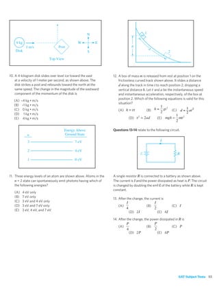 N                                        1
                                                                                          m
    4 kg                                      W          E
            1 m/s                Post                                            h
                                                                                                  d
    Disk                                             S                                                             2
                           Top View



10. A 4-kilogram disk slides over level ice toward the east        12. A box of mass m is released from rest at position 1 on the
    at a velocity of 1 meter per second, as shown above. The           frictionless curved track shown above. It slides a distance
    disk strikes a post and rebounds toward the north at the           d along the track in time t to reach position 2, dropping a
    same speed. The change in the magnitude of the eastward            vertical distance h. Let and a be the instantaneous speed
    component of the momentum of the disk is                           and instantaneous acceleration, respectively, of the box at
                                                                       position 2. Which of the following equations is valid for this
   (A)   –4 kg • m/s
                                                                       situation?
   (B)    –1 kg • m/s                                                                                  1 2
                                                                                            (B) h = gt
   (C)    0 kg • m/s                                                   (A)
                                                                                                                         1
                                                                                                              (C) d = at 2
                                                                                                       2                 2
   (D)     1 kg • m/s
   (E)    4 kg • m/s                                                            (D)                       (E)


                                      Energy Above                 Questions 13-14 relate to the following circuit.
             n                        Ground State

             3                              7 eV                                                            I

             2                              4 eV
                                                                                                                         R
             1                              0 eV



11. Three energy levels of an atom are shown above. Atoms in the   A single resistor R is connected to a battery as shown above.
    n = 2 state can spontaneously emit photons having which of     The current is I and the power dissipated as heat is P. The circuit
    the following energies?                                        is changed by doubling the emf of the battery while R is kept
                                                                   constant.
   (A)   4 eV only
   (B)   7 eV only
                                                                   13. After the change, the current is
   (C)   3 eV and 4 eV only                                                 I                         I
   (D)   3 eV and 7 eV only                                           (A)                     (B)                      (C) I
                                                                            4                         2
   (E)   3 eV, 4 eV, and 7 eV
                                                                                (D) 2 I                   (E) 4I

                                                                   14. After the change, the power dissipated in R is
                                                                            P                         P
                                                                      (A)                     (B)                      (C) P
                                                                            4                         2
                                                                                (D) 2 P                   (E) 4P




                                                                                                                          SAT Subject Tests 53
 