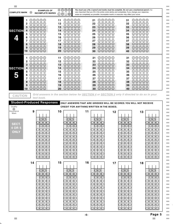 sat practice answer sheet