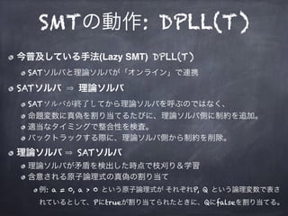 SMTの動作: DPLL(T)
今普及している手法(Lazy SMT) DPLL(T)
SATソルバと理論ソルバが「オンライン」で連携
SATソルバ 理論ソルバ
SATソルバが終了してから理論ソルバを呼ぶのではなく、
命題変数に真偽を割り当てるたびに、理論ソルバ側に制約を追加。
適当なタイミングで整合性を検査。
バックトラックする際に、理論ソルバ側から制約を削除。
理論ソルバ SATソルバ
理論ソルバが矛盾を検出した時点で枝刈り＆学習
含意される原子論理式の真偽の割り当て
例: a = 0, a > 0 という原子論理式が それぞれP, Q という論理変数で表さ
れているとして、Pにtrueが割り当てられたときに、Qにfalseを割り当てる。
 