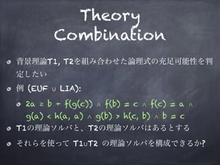 Theory
Combination
背景理論T1, T2を組み合わせた論理式の充足可能性を判
定したい
例 (EUF ∪ LIA):
2a ≧ b + f(g(c)) ∧ f(b) = c ∧ f(c) = a ∧ 
g(a) < h(a, a) ∧ g(b) > h(c, b) ∧ b = c
T1の理論ソルバと、T2の理論ソルバはあるとする
それらを使って T1∪T2 の理論ソルバを構成できるか?
 