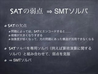 SATの弱点 SMTソルバ
SATの欠点
問題によっては、SATにエンコードすると……
規模が大きくなりすぎる
抽象度が低くなって、元の問題にあった構造が活用できなくなる
SATソルバを専用ソルバ（例えば算術演算に関する
ソルバ）と組み合わせて...