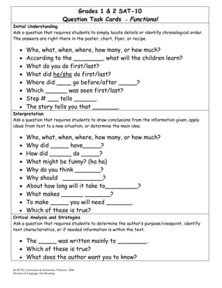 Grades 1 & 2 SAT-10
                                      Question Task Cards - Functional
Initial Understanding
Ask a question that requires students to simply locate details or identify chronological order.
The answers are right there in the poster, chart, flyer, or recipe.

     • Who, what, when, where, how many, or how much?
     • According to the ________, what will the children learn?
     • What do you do first/last?
     • What did he/she do first/last?
     • Where did ____ go before/after _____?
     • Which ______ was seen first/last?
     • Step # ___ tells ______.
     • The story tells you that _______.
Interpretation
Ask a question that requires students to draw conclusions from the information given, apply
ideas from text to a new situation, or determine the main idea.

     • Who, what, when, where, how many, or how much?
     • Why did _____ have_____?
     • How did ______ do _____?
     • What might be funny? (ha ha)
     • Why do you think _______?
     • Why should ___________?
     • About how long will it take to_________?
     • What makes ______ _______?
     • To make _____ you will need _______.
     • Which of these is true?
Critical Analysis and Strategies
Ask a question that requires students to determine the author’s purpose/viewpoint, identify
text characteristics, or if needed information is within the text.

     • The _____ was written mainly to ________.
     • Which of these is true?
     • What does the author want you to know?

M-DCPS, Curriculum & Instruction, February, 2008
Division of Language Arts/Reading
 