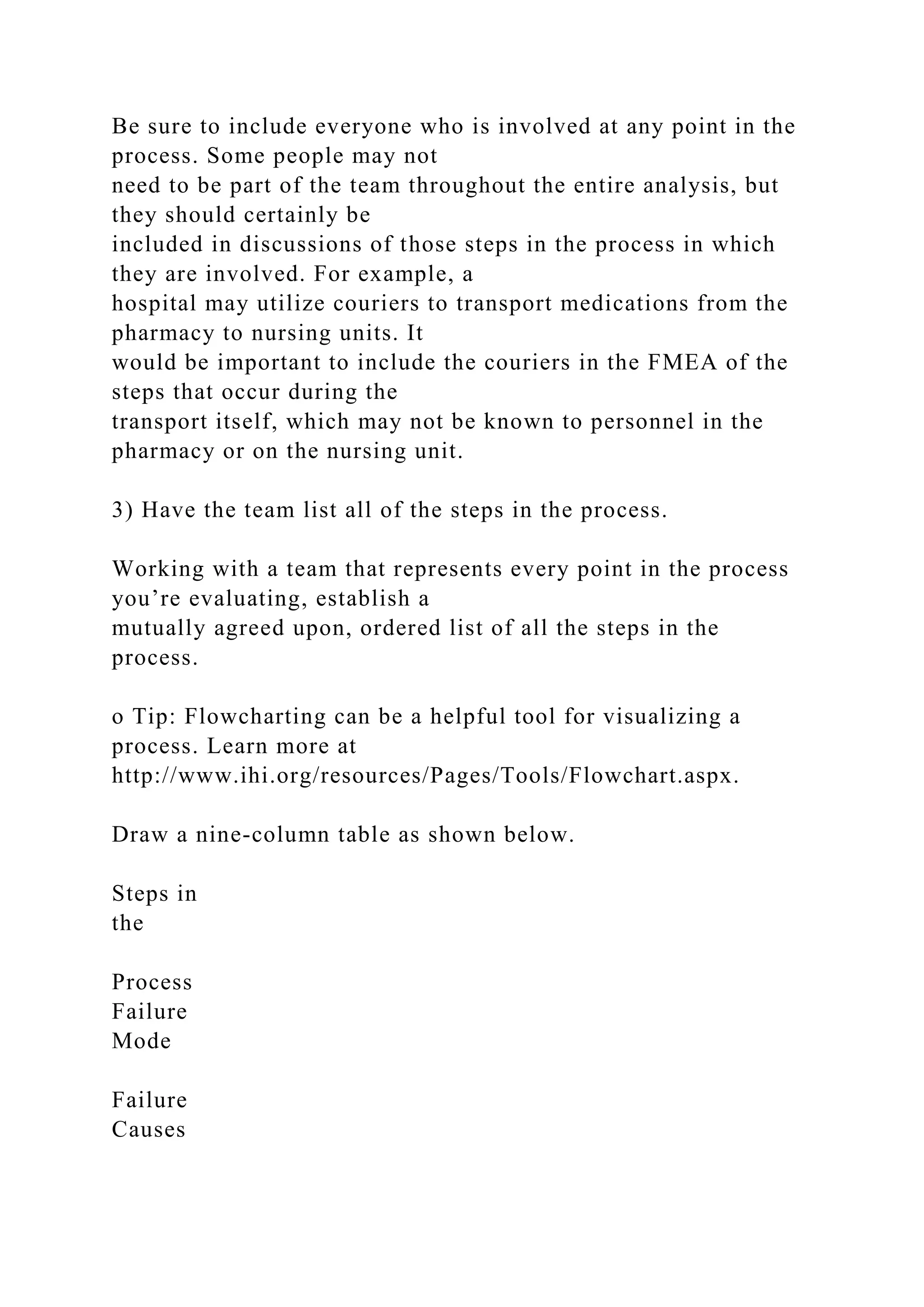 Be sure to include everyone who is involved at any point in the
process. Some people may not
need to be part of the team throughout the entire analysis, but
they should certainly be
included in discussions of those steps in the process in which
they are involved. For example, a
hospital may utilize couriers to transport medications from the
pharmacy to nursing units. It
would be important to include the couriers in the FMEA of the
steps that occur during the
transport itself, which may not be known to personnel in the
pharmacy or on the nursing unit.
3) Have the team list all of the steps in the process.
Working with a team that represents every point in the process
you’re evaluating, establish a
mutually agreed upon, ordered list of all the steps in the
process.
o Tip: Flowcharting can be a helpful tool for visualizing a
process. Learn more at
http://www.ihi.org/resources/Pages/Tools/Flowchart.aspx.
Draw a nine-column table as shown below.
Steps in
the
Process
Failure
Mode
Failure
Causes
 