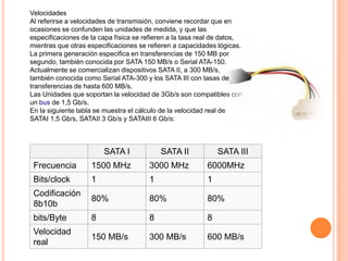 Velocidades
Al referirse a velocidades de transmisión, conviene recordar que en
ocasiones se confunden las unidades de medida, y que las
especificaciones de la capa física se refieren a la tasa real de datos,
mientras que otras especificaciones se refieren a capacidades lógicas.
La primera generación especifica en transferencias de 150 MB por
segundo, también conocida por SATA 150 MB/s o Serial ATA-150.
Actualmente se comercializan dispositivos SATA II, a 300 MB/s,
también conocida como Serial ATA-300 y los SATA III con tasas de
transferencias de hasta 600 MB/s.
Las Unidades que soportan la velocidad de 3Gb/s son compatibles con
un bus de 1,5 Gb/s.
En la siguiente tabla se muestra el cálculo de la velocidad real de
SATAI 1.5 Gb/s, SATAII 3 Gb/s y SATAIII 6 Gb/s:



                        SATA I             SATA II             SATA III
 Frecuencia         1500 MHz           3000 MHz            6000MHz
 Bits/clock         1                  1                   1
 Codificación
                    80%                80%                 80%
 8b10b
 bits/Byte          8                  8                   8
 Velocidad
                    150 MB/s           300 MB/s            600 MB/s
 real
 