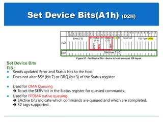 Set Device Bits(A1h) (D2H)
 Sends updated Error and Status bits to the host
 Does not alter BSY (bit 7) or DRQ (bit 3) of the Status register
 Used for DMA Queuing
 To set the SERV bit in the Status register for queued commands.
 Used for FPDMA native queuing
 SActive bits indicate which commands are queued and which are completed.
 32 tags supported .
SERV
 