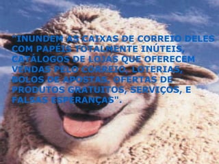"INUNDEM AS CAIXAS DE CORREIO DELES COM PAPÉIS TOTALMENTE INÚTEIS, CATÁLOGOS DE LOJAS QUE OFERECEM VENDAS PELO CORREIO, LOTERIAS, BOLOS DE APOSTAS, OFERTAS DE PRODUTOS GRATUITOS, SERVIÇOS, E FALSAS ESPERANÇAS". 