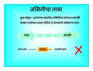 जिमनीचा ताबा
कळ सोडू न - इतरांच्या बाबतीत जिमनीचा ताबा हा मालकी
ु
हक्का पाठोपाठ आला पािहजे, हे काय ाचे सवर्मान्य त व
व.

ताबा

ताबा आहे ü
आह

मालकी

म्हणून
म्हणन

मालकी हक्क

8

 