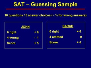 10 questions / 5 answer choices ( - ¼ for wrong answers)
JOHN
6 right + 6
4 wrong - 1
Score + 5
SARAH
6 right + 6
4 omitted 0
Score + 6
SAT – Guessing Sample
 