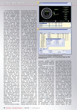 1




   Im Praxistest empfanden             trumanzeige oder Winkelbe-
wir das als sehr komforta-             rechnung die Antenne soweit
bel, lässt sich doch auf diese         in Position gebracht, dass ein
Weise die ungefähre Posi-              Satellit empfangen wird, so
tion eines Satelliten schon            genügt ein Tastendruck auf
mal relativ gut erraten,               eine Signalspitze im Spek-
während dann ein Wechsel               trum und das Messgerät
in den Spektrummodus zur               wechselt in den Transpon-
weiteren Justierung dient.             dermodus und zeigt die Sig-
Ausgesprochen gut gefiel               nalqualität bzw. Signalstärke
uns im Test, dass die Spekt-           grafisch an, ebenso wie den
rumanzeige rasch aber nicht            Signalpegel, die CBER, die
überhastet auf Signalverän-            VBER und das C/N in trocke-
derungen reagierte. So lässt           nen Zahlen. Nun lässt sich             2
sich durch leichtes Verän-             die Antenne, dank der prä-
dern der Antennenausrich-              zisen und raschen Reaktion
tung problemlos ein guter              auf     Pegelveränderungen,
Signalpegel erreichen und fi-          mit geringem Aufwand op-
xieren. Wer nach einer ganz            timal auf den gewünschten
bestimmten Frequenz im                 Satelliten justieren. Hat das
Spektrum Ausschau halten               Messgerät dabei eine gültige
möchte, für den empfiehlt              Frequenz erkannt, so ist es
es sich, die Schrittweite der          möglich, die NIT des Trans-
Anzeige zu reduzieren, dafür           ponders auszulesen und die
stehen die vorprogrammier-             vorhandenen TV- bzw. Ra-
ten Werte 50, 100, 200 und             diosender am Bildschirm an-
500 MHz sowie die Komplet-             zeigen zu lassen, allerdings
tanzeige zur Verfügung. Mit            nur bei digitalen Signalen.
den Cursortasten lässt sich            Anhand der NIT ermittelt
innerhalb des Diagramms                das Messgerät auch die Po-
jede gewünschte Frequenz               sition des gerade anvisier-
anwählen, ein Druck auf die            ten Satelliten, im Test funk-          1. Berechnung von Azimuth und Elevation am PC
„Enter“ Taste offenbart so-            tionierte diese Erkennung in           2. Bearbeiten von Satelliten- und Transpondereinträgen der ASD
gleich deren exakten Pegel             den allermeisten Fällen sehr           Datenbank am PC
sowie C/N (Carrier to Noise            gut und vor allem korrekt.
Ratio). Ebenso wie übrigens            Problematisch wird es im-              Lösungen werden unter-           man zwischen Ost und West.
auch im terrestrischen Mo-             mer nur dann, wenn Anbie-              stützt und können direkt im      Nach einem Druck auf die
dus, können diverse Einstel-           ter fehlerhafte NIT Informa-           Einstellungsmenü aktiviert       OK Taste erkennt das Mess-
lungen wie z.B. die Schritt-           tionen, bei uns im Test z.B.           werden.                          gerät sofort, dass es sich in
weite der Spektrumansicht              bei einer Feedübertragung                 Insgesamt sind im Aus-        unserem Fall bei 75° Ost um
oder die gewünschte Span-              auf 7° Ost, verwenden, die             lieferungszustand des Di-        den ABS 1 handelt und zeigt
nung am Tuneranschluss                 eine falsche Satellitenpositi-         gipro ST Combo für Europa        die dort verfügbaren Trans-
direkt mit Hilfe des numeri-           onsangabe enthalten. Abge-             Satelliten- und Transpon-        ponderfrequenzen inkl. dem
schen Tastenblocks durch-              rundet werden die umfang-              dereinträge von 42° Ost bis      jeweiligen Provider, der die-
geführt werden. Dank der               reichen Möglichkeiten der              30° West hinterlegt, die der     se Frequenz nutzt, an. Nun
exakten und gut lesbaren               Signalmessung noch durch               Anwender am Bildschirm des       genügt es, den gewünschten
Beschriftung möchte man                die Anzeige von Konstella-             Messgeräts bearbeiten oder       Eintrag in der Liste zu su-
dieses Feature schon nach              tionsdiagrammen,       sowohl          erweitern kann. Doch was         chen und mittels der F3 Tas-
kurzer Zeit nicht mehr mis-            im DVB-S als auch DVB-T                tun, wenn z.B. der ABS1 auf      te dem Arbeitsspeicher des
sen. Gerade für den pro-               Modus. Soll die zur Detail-            75° Ost eingerichtet werden      Messgeräts     hinzuzufügen.
fessionellen Monteur ist es            beobachtung gewählte Fre-              soll? Klarer Fall: Hier kom-     Sofort werden die Daten de-
oft notwendig, einen Be-               quenz verändert werden, so             men nun wieder die ASD Lis-      tailliert angezeigt, können
weis seiner durchgeführten             genügt ein Tastendruck auf             ten zum Einsatz! Über den        auf Wunsch noch um DiSE-
Arbeiten abliefern zu kön-             den „Edit“ Button und schon            entsprechenden Menüpunkt         qC Befehle oder passende
nen. Dazu kann einerseits              können sämtliche erforder-             wählt man die ASD Verwal-        Oszillatorfrequenzen für das
die Log-Funktion verwendet             lichen Parameter rasch be-             tung und sogleich erkundigt      C-Band, Ku-Band etc. erwei-
werden, die die während                arbeitet werden. Neben den             sich derDigipro ST Combo,        tert werden, bevor sie durch
des Justierens gemessenen              Klassikern wie der LOF, der            welchen Satellit man denn        einen Druck auf die „Spei-
Werte abspeichert und sie              Spannungsversorgung        für         hinzufügen möchte. Dafür         chern“ Taste im Speicher
später via PC-Verbindung               die Polarisationswahl und              wird keine Liste angezeigt       des Messgeräts landen und
verfügbar macht, oder man              dem 22 kHz Signal steht                (die wäre bei allen weltweit     von dort ab sofort zum Auf-
legt einfach einen Screens-            auch DiSEqC in den Modi 1.0            verfügbaren Satelliten auch      ruf bereit stehen.
hot der aktuellen Spektru-             für bis zu 4 Satelliten, 1.1           ziemlich    unübersichtlich),      Da wir im Zuge des Tests
mansicht im Speicher des               für bis zu 8 Satelliten sowie          sondern man gibt direkt          den ABS1 auf 75° Ost in den
Messgeräts ab.                         DiSEqC 1.3 (USALS) zur Ver-            die geografische Position        Arbeitsspeicher des Sat-
   Hat man erstmal via Spek-           fügung. Selbst SCR Unicable            an - mit der Taste +/- wählt     Catcher Digipro ST Com-


72 TELE-satellite — Global Digital TV Magazine — 06-07/201 — www.TELE-satellite.com
                                                         1
 