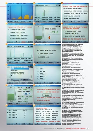 11   17                                 23




12   18                                 24




13   19                                  1. En mode satellite, il est possible
                                         de mesurer les transpondeurs
                                         individuellement, d'afficher leurs
                                         diagrammes de constellation et
                                         de calculer les valeurs d'azimut
                                         et d'élévation pour chaque entrée
                                         satellite existante.
                                         2. Dès qu'un transpondeur actif est
                                         détecté, le Digipro ST Combo affiche
                                         immédiatement tous les paramètres
                                         pertinents.
                                         3. Lecture NIT d'un transpondeur
                                         et des informations sur les canaux
                                         disponibles.
                                         4. Affichage d'une chaîne de
                                         télévision.
14   20                                  5. Modification d'une entrée de
                                         transpondeur.
                                         6. Diagramme de Constellation.
                                         7. Menu principal en mode satellite.
                                         8. Toutes les entrées satellites
                                         effectives stockées.
                                         9. Différents réglages de base.
                                         10. La présentation du spectre en
                                         mode satellite.
                                         11. Présentation du spectre avec des
                                         incréments de 100 MHz.
                                         12. Le SatCatcher Digipro ST
                                         Combo offre quatre modes de
                                         fonctionnement.
15   21                                  13. La présentation du spectre en
                                         mode terrestre.
                                         14. Recherche d'une fréquence active
                                         TNT.
                                         15. Dès qu'un signal TNT est détecté,
                                         le Digipro ST Combo mesure
                                         immédiatement tous les paramètres
                                         pertinents.
                                         16. Lecture NIT d'une fréquence TNT.
                                         17. Recherche automatique de
                                         chaines à travers toute la plage de
                                         fréquences terrestres.
                                         18. FM radio.
                                         19. Grace à l'option de journalisation,
                                         des mesures peuvent être
                                         enregistrées dans la mémoire interne
16   22                                  du Digipro ST Combo.
                                         20. Projets ou plans de fréquences
                                         terrestres.
                                         21. Ajout d'un nouveau satellite
                                         en mémoire en utilisant la base de
                                         données de l'ASD.
                                         22. La base de données de l'ASD
                                         ne renferme pas seulement les
                                         entrées des transpondeurs mais
                                         les informations de fournisseurs
                                         correspondantes également.
                                         23. Les éléments de menu pour
                                         utiliser l'option ASD
                                         24. Les éléments de menu pour
                                         utiliser l'option ASD


          www.TELE-satellite.com — 06-07/201 —
                                           1     TELE-satellite — Global Digital TV Magazine   71
 