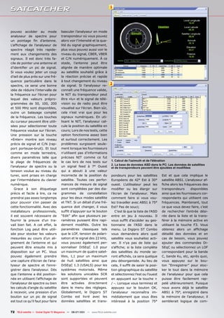 1




pouvez accéder au mode                 basculer l’analyseur en mode
analyseur de spectre pour              transpondeur où vous pouvez
un pointage fin d’antenne.             alors voir l’intensité et la qua-
L’affichage de l’analyseur de          lité du signal graphiquement,
spectre réagit très rapide-            plus vous pouvez aussi voir le
ment aux changements des               niveau du signal, CBER, VBER
signaux. Il est donc très fa-          et C/N numériquement. À ce
cile de pointer une antenne et         stade, l’antenne peut être
d’identifier un pic de signal.         alignée de manière optimale
Si vous voulez jeter un coup           au satellite souhaité grâce à
d’œil de plus près sur une fré-        la réaction précise et rapide
quence particulière dans le            à tout changement du niveau
spectre, ce serai une bonne            de signal. Si l’analyseur re-
                                                                              2
idée de réduire l’intervalle de        connaît une fréquence valide,
la fréquence sur l’écran pour          le NIT du transpondeur peut
lequel des valeurs prépro-             être «lu» et le signal de télé-
grammées de 50, 100, 200               vision ou de radio peut être
et 500 MHz sont disponibles,           visualisé sur l’écran. Bien sûr,
outre un balayage complet              cela n’est vrai que pour les
de la fréquence. Les touches           signaux numériques. En uti-
du curseur peuvent être utili-         lisant le NIT, l’analyseur cal-
sées pour sélectionner toute           cule la position du satellite en
fréquence voulue sur l’écran.          cours; Lors de nos tests, cette
Une pression sur la touche             option fonctionna assez bien
«Enter» montre son niveau              et surtout correctement. Les
précis de signal et C/N (rap-          problèmes surgissent seule-
port porteuse-bruit). Et tout          ment lorsque les fournisseurs
comme en mode terrestre,               n’utilisent pas d’informations
divers paramètres telle que            précises NIT comme ce fut
la plage de fréquences de              le cas lors de nos tests sur           1. Calcul de l'azimuth et de l'élévation
                                                                              2. La base de données ASD dans le PC: Les données de satellites
l’analyseur de spectre ou la           un signal feed à 7° Ouest              et de transpondeurs peuvent être ajoutées et modifiées
tension voulue au niveau du            qui a abouti à une valeur
tuner, sont prises en charge           incorrecte de la position du           pondeurs pour les satellites         Est et que cela implique le
par l’intermédiaire du clavier         satellite. Toutes ces perfor-          Européens de 42° Est à 30°           satellite ABS1. L’analyseur af-
numérique.                             mances de mesure de signal             ouest. L’utilisateur peut les        fiche alors les fréquences des
   Grace à son étiquetage              sont complétées par des dia-           modifier ou les élargir sur          transpondeurs       disponibles
précis et facile à lire, ca ne         grammes de constellation               l’écran de l’analyseur. Mais         ainsi que les fournisseurs cor-
prendrai pas assez longtemps           pour les deux modes satellite          comment faire si vous vou-           respondants qui utilisent ces
pour pouvoir s’en passer de            et TNT. Si un détail d’une fré-        lez travailler avec ABS1 à 75°       fréquences. Maintenant, tout
cette fonctionnalité. Avec des         quence doit changer, il vous           Est? Pas de souci;                   ce que vous devez faire, c’est
installateurs professionnels,          suffit d’appuyer sur le bouton            C’est là que la liste de l’ASD    de rechercher l’entrée dési-
il est souvent nécessaire de           “Edit” afin que plusieurs pa-          entre en jeu à nouveau. Il           rée dans la liste et la trans-
fournir la preuve d’un tra-            ramètres puissent être rapi-           vous suffit d’accéder au ges-        férer à la mémoire active en
vail bien fait. A cet effet, la        dement modifiés. Outre les             tionnaire de l’ASD dans le           utilisant la touche F3. Vous
fonction Log peut être utili-          paramètres classiques tels             menu. Le Digipro ST Combo            obtenez alors un affichage
sée pour stocker les valeurs           que le LOF, tension de polari-         vous demandera alors quel            détaillé des données et en
mesurées au cours d’un ali-            sation et le signal des 22 kHz,        satellite vous souhaitez acti-       cas de besoin, vous pouvez
gnement de l’antenne et qui            vous pouvez également per-             ver. Il n’ya pas de liste qui        ajouter des commandes Di-
peuvent être ensuite mis à             sonnaliser DiSEqC 1.0 pour             s’affiche; si la liste complète      SEqC ou sélectionnez un LOF
disposition sur un PC. Vous            un maximum de quatre satel-            des satellites du monde se-          correspondant pour la bande
pouvez également prendre               lites, 1,1 pour un maximum             ront affichés, ca sera quelque       C, bande Ku, etc, après quoi,
une capture d’écran de l’ana-          de huit satellites ainsi que           peu désorganisée. Au lieu de         vous appuyez sur le bou-
lyseur de spectre et l’enre-           DiSEqC 1.3 (USALS) pour les            cela, il suffit de saisir la posi-   ton “Enregistrer” pour stoc-
gistrer dans l’analyseur. Dès          systèmes motorisés. Même               tion géographique du satellite       ker le tout dans la mémoire
que l’antenne a été position-          les solutions unicables SCR            et sélectionnez l’est ou l’ouest     de l’analyseur pour que cela
née en utilisant l’affichage de        sont supportées et peuvent             en appuyant sur la touche +          puisse être facilement rap-
l’analyseur de spectre ou bien         être activées directement              / -. Lorsque vous terminez et        pelé ultérieurement. Puisque
les calculs d’angle du satellite       dans le menu des réglages.             appuyez sur le bouton OK,            nous avons déjà le satellite
à recevoir, une pression d’un          Globalement, le Digipro ST             l’analyseur reconnaîtra im-          ABS1 à 75°, enregistré dans
bouton sur un pic de signal            Combo est livré avec les               médiatement que vous êtes            la mémoire de l’analyseur, il
est tout ce qu’il faut pour faire      données satellites et trans-           intéressé à la position 75°          semblerait logique de com-


72 TELE-satellite — Global Digital TV Magazine — 06-07/201 — www.TELE-satellite.com
                                                         1
 