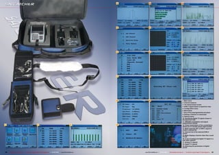4         10                                                       16




                                                                                                                          5         11                                                       17




                                                                                                                          6         12                                                       18




                                                                                                                          7         13                                                       19




                                                                                                                          8         14                                                         1. Main menu
                                                                                                                                                                                               2. Channel measure
                                                                                                                                                                                               3. Tilt measurement screen
                                                                                                                                                                                               4. DVB-C signal shown in spectrum view
                                                                                                                                                                                               5. Configuration menu
                                                                                                                                                                                               6. Band plans
                                                                                                                                                                                               7. One of the preprogrammed and plans
                                                                                                                                                                                               8. Editing a channel in a band plan
                                                                                                                                                                                               9. Options menu
                                                                                                                                                                                               10. Identifying digital TV signal chosen in
                                                                                                                                                                                               the spectrum view
                                                                                                                                                                                               11. 256QAM constellation and signal
                                                                                                                                                                                               measurement results
1                                                      2                                                         3        9         15                                                         12. Closer examination of the constellation
                                                                                                                                                                                               allows you to visually asses signal quality
                                                                                                                                                                                               13. Meter searches NIT in DVB-C signal to
                                                                                                                                                                                               create a channel list
                                                                                                                                                                                               14. Channel list of the selected DVB-C
                                                                                                                                                                                               carrier
                                                                                                                                                                                               15. Meter displays channel video like a small
                                                                                                                                                                                               TV-set
                                                                                                                                                                                               16. A mix of analog and digital TV signal in a
                                                                                                                                                                                               real cable network
                                                                                                                                                                                               17. Analog TV signals
                                                                                                                                                                                               18. Digital TV signals
                                                                                                                                                                                               19. Detecting the parameters of digital
                                                                                                                                                                                               carrier


40   TELE-satellite International — The World‘s Largest Digital TV Trade Magazine — 02-03/2012 — www.TELE-satellite.com       www.TELE-satellite.com — 02-03/2012 — TELE-satellite International — The World‘s Largest Digital TV Trade Magazine   41
 