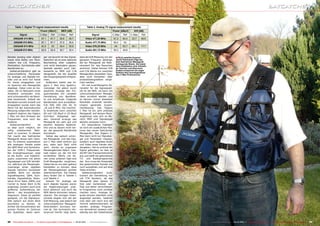 Table 1. Digital TV signal measurement results                                         Table 2. Analog TV signal measurement results
                                      Power [dBµV]             MER [dB]                                                   Power [dBµV]        S/N [dB]
             Signal                  C-Max        Ref       C-Max        Ref                        Signal                C-Max    Ref    C-Max       Ref
     256QAM 474 MHz                    87,1       87,7       38,8       36,7                Video 471,25 MHz              61,3    64,4     23,7       48,6
      64QAM 474 MHz                    87,1       87,7       37,9       36,8                Audio 477,75 MHz              50,4     52
     256QAM 674 MHz                    82,5        83        39,4       35,6                Video 576,25 MHz               64     63,7     26,1       17,7
      64QAM 674 MHz                    82,6       82,8       38,7       35,4                Audio 581,75 MHz              50,3    49,8

Bandes (analog oder digital)              ger verrauscht ist das Signal.             dass die S/N Messung von der           ■TELE-satellite Experte
sowie eine Reihe von Para-                Natürlich ist so eine optische             genauen Frequenz abhängt,              Jacek Pawlowski trägt die
metern wie z.B. Frequenz,                 Beurteilung eher subjektiv                 die ein Messgerät als Refe-            dem SatCatcher Messgerät
                                                                                                                            beiliegende Weste. Sie bietet
Modulation, Symbolrate oder               und nicht besonders genau,                 renzwert für das Rauschen              dem Installateur eine Vielzahl
Bandbreite an.                            deshalb werden auch Zah-                   annimmt. Daher können S/N              an Taschen und Stauraum.
   Selbstverständlich gibt es             lenwerte zu MER und C/N                    und C/N Werte nur zwischen             Zudem entspricht sie sogar
                                                                                                                            farblich dem Schutzgehäuse
unterschiedliche Parameter                dargestellt, die der Qualität              Messgeräten desselben Typs,            des C Max Professional.
für analoge und digitale Ka-              des Eingangssignals entspre-               aber nicht hersteller- oder
näle und so wird nun Kanal                chen.                                      produktübergreifend vergli-
für Kanal eingegeben und                     Außerdem bietet das Di-                 chen werden.
im Speicher des Messgeräts                gipro C Max eine Spektru-                     Ein viel zuverlässigerer Pa-
abgelegt. Diese Liste an Ka-              manzeige. Sie glänzt durch                 rameter für die Signalquali-
nälen, die im Netzwerk eines              deutliche Anzeige des Fre-                 tät ist die MER, sie kann mit
Anbieters vorhanden sind,                 quenzbandes mit variabler                  unterschiedlichsten Messge-
wird schlussendlich als Band-             Darstellung von Bandbrei-                  räten ermittelt werden und
plan bezeichnet. Sobald der               te und Amplitude. Folgende                 es können immer dieselben
Bandplan korrekt erstellt und             Bandbreiten sind einstellbar:              Resultate erwartet werden.
eingegeben wurde, kann das                Full, 500, 200, 100, 50, 32                Unsere generelle Zusam-
Menü mit der automatischen                ,16 und 8 MHz. Die maxima-                 menfassung: Das Digipro
Messung aufgerufen werden.                le Amplitude kann zwischen                 C Max ist ein sehr präzises
Sogleich beginnt das Digipro              60 und 120 dbµV in 10 dbµV                 Messgerät, auf dessen Mess-
C Max mit dem Einlesen der                Schritten festgelegt wer-                  ergebnisse man sich im Be-
Frequenzen, eine nach der                 den. Generell erzeugt das                  reich MER und Signalpegel
anderen.                                  Messgerät ein sehr gut und                 absolut verlassen kann.
   Selbstverständlich      ist            deutlich lesbares Spektral-                   Ein besonderes Highlight
es aber auch möglich, ein                 bild und es dauert nicht lan-              ist noch ein zusätzliches Fea-
völlig unbekanntes Netz-                  ge, die gesamte Bandbreite                 tures des neuen SatCatcher
werk zu scannen. In diesem                einzulesen.                                Messgeräts: Das Digipro C-
Fall macht das SatCatcher                    Selbst das optisch schön-               Max kann nicht nur Signalpe-
Messgerät etwas sehr cleve-               ste Messgerät, und das Digi-               gel und Parameter messen,
res: Es erkennt automatisch               pro C Max sieht wirklich gut               sondern auch digitales Audio
alle analogen Kanäle sowie                aus, wäre sein Geld nicht                  und Video eines Kanals wie-
die QAM Modi und Symbolra-                wert, würde es ungenaue                    dergeben. Hat es erstmal ein
ten der DVB-C Frequenzen.                 Messergebnisse liefern. Des-               Signal gefunden, so liest es
Bei Analogfrequenzen zeigt                halb haben wir die mit ihm                 die NIT des Transportstreams
es die Audio- und Videofre-               ermittelten Werte mit de-                  aus und stellt die gefundenen
quenz zusammen mit deren                  nen eines anderen high-end                 TV- und Radioprogramme
Signalpegel und S/N Verhält-              Profi-Messgeräts verglichen.               dar. Nun muss der Anwender
nis, während die Messergeb-               Dabei hat es uns sehr gefreut              den gewünschten Sender nur
nisanzeige eines digitalen                feststellen zu können, dass                noch auswählen und auf eine
Signals natürlich komplexer               die Messergebnisse perfekt                 Taste drücken.
ausfällt. Nicht nur werden                übereinstimmen. Die Details                   Selbstverständlich     funk-
Signalfrequenz, QAM, Sym-                 dazu finden Sie in Tabelle 1               tioniert die Darstellung nur
bolrate, Signalstärke, Modu-              und Tabelle 2.                             mit FTA Sendern, da das
lation Error Ratio (MER) und                 Sowohl für analoge als                  Messgerät über keinen CI
Carrier to Noise Wert (C/N)               auch digitale Signale waren                Slot oder Kartenleser ver-
angezeigt, sondern auch eine              die Pegelmessungen prak-                   fügt und daher verschlüssel-
grafische Aufbereitung der                tisch identisch und auch die               te Programme nicht sichtbar
Werte – das Konstellations-               MER Werte stimmten nahezu                  machen kann. Analoge Si-
diagramm. Diese ist perfekt               überein. Die einzigen Unter-               gnale können ebenfalls nicht
geeignet, um die Signalqua-               schiede zeigten sich bei der               angezeigt werden, bedenkt
lität optisch auf einen Blick             S/N Messung, was jedoch bei                man aber wie rasch sich die
beurteilen zu können. Je                  unterschiedlichen Messgerä-                Technik weiterentwickelt, so
dichter die Konzentration der             teherstellern durchaus nor-                werden analoge Program-
grünen Punkte im Zentrum                  mal ist. Der technische Hin-               me demnächst sowieso voll-
der Quadrate, desto weni-                 tergrund hierfür liegt darin,              ständig aus den Kabelnetzen



38   TELE-satellite International — The World‘s Largest Digital TV Trade Magazine — 02-03/2012 — www.TELE-satellite.com                                      www.TELE-satellite.com — 02-03/2012 — TELE-satellite International — The World‘s Largest Digital TV Trade Magazine   39
 