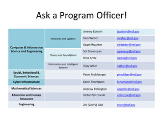 Ask a Program Officer!
                                                        Jeremy Epstein      jepstein@nsf.gov

                            Networks and Systems        Sam Weber           sweber@nsf.gov

                                                        Ralph Wachter       rwachter@nsf.gov
Computer & Information
Science and Engineering                                 Sol Greenspan       sgreensp@nsf.gov
                           Theory and Foundations
                                                        Nina Amla           namla@nsf.gov
                          Information and Intelligent
                                   Systems
                                                        Vijay Atluri        vatluri@nsf.gov

  Social, Behavioral &
                                                        Peter Muhlberger    pmuhlber@nsf.gov
   Economic Sciences
  Cyber Infrastructure                                  Kevin Thompson      kthompso@nsf.gov

Mathematical Sciences                                   Andrew Pollington   adpollin@nsf.gov
 Education and Human                                    Victor Piotrowski   vpiotrow@nsf.gov
      Resources
      Engineering                                       Zhi (Gerry) Tian    ztian@nsf.gov
 