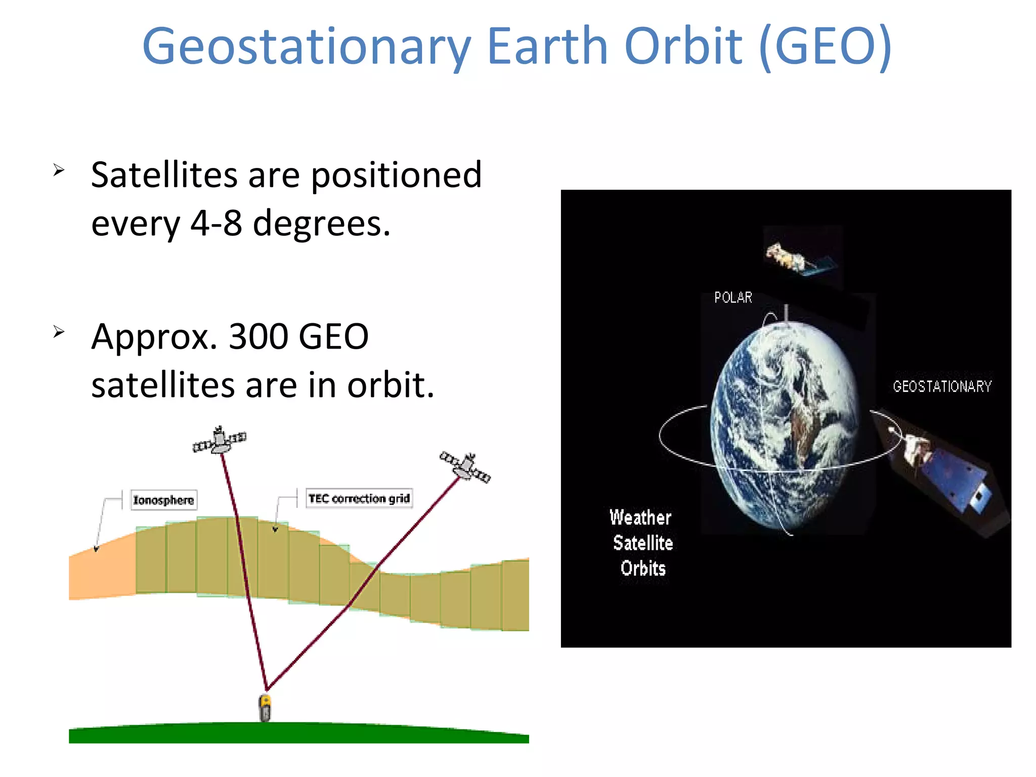 Geostationary Earth Orbit (GEO)

Satellites are positioned
every 4-8 degrees.

Approx. 300 GEO
satellites are in orbit.
 
