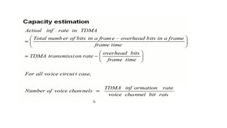 Multiple access techniques allow multiple users to share a communication channel or resource by using different dimensions like frequency, time, or code. Common examples include FDMA, TDMA, and CDMA