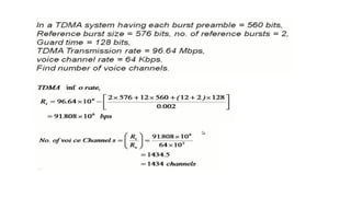 Multiple access techniques allow multiple users to share a communication channel or resource by using different dimensions like frequency, time, or code. Common examples include FDMA, TDMA, and CDMA