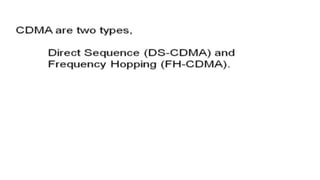 Multiple access techniques allow multiple users to share a communication channel or resource by using different dimensions like frequency, time, or code. Common examples include FDMA, TDMA, and CDMA