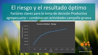 El riesgo y el resultado óptimo
Factores claves para la toma de decisión Productiva
agropecuaria – combinación actividades campaña gruesa
www.brsa.com.ar
0
200,000
400,000
600,000
800,000
1,000,000
1,200,000
1,400,000
0 200 400 600 800 1,000 1,200 1,400 1,600
ResultadoOperativo$
Riesgo
Funcion Utilidad - Riesgo
 