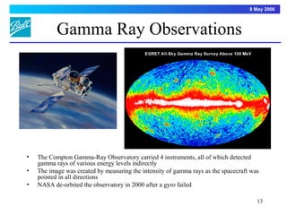 9 May 2006



           Gamma Ray Observations




•   The Compton Gamma-Ray Observatory carried 4 instruments, all of which detected
    gamma rays of various energy levels indirectly
•   The image was created by measuring the intensity of gamma rays as the spacecraft was
    pointed in all directions
•   NASA de-orbited the observatory in 2000 after a gyro failed

                                                                                       13
 