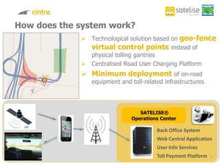 How does the system work?
8
SATELISE®
Operations Center
Back Office System
Web Central Application
User Info Services
Toll Payment Platform
 Technological solution based on geo-fence
virtual control points instead of
physical tolling gantries
 Centralised Road User Charging Platform
 Minimum deployment of on-road
equipment and toll-related infrastructures
 