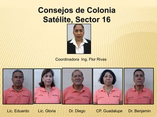 Consejos de Colonia 
Satélite, Sector 16 
Coordinadora Ing. Flor Rivas 
Lic. Eduardo Lic. Gloria Dr. Diego CP. Guadalupe Dr. Benjamin 
