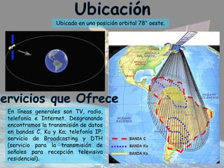 Ubicado en una posición orbital 78° oeste.
En líneas generales son TV, radio,
telefonía e Internet. Desgranando
encontramos la transmisión de datos
en bandas C, Ku y Ka; telefonía IP;
servicio de Broadcasting y DTH
(servicio para la transmisión de
señales para recepción televisiva
residencial).
 