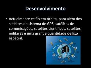 DesenvolvimentoOs satélites de comunicações são satélites que retransmitem sinais entre pontos distantes da Terra. Estes satélites servem para retransmitir dados, sinais de televisão, rádio ou mesmo telefone. 