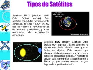 Satélites HEO (Highly Elliptical Orbit,
órbitas muy elípticas). Estos satélites no
siguen una órbita circular, sino que su
órbita es elíptica. Esto supone que
alcanzan distancias mucho mayores en el
punto de órbita más alejada. A menudo se
utilizan para cartografiar la superficie de la
Tierra, ya que pueden detectar un gran
ángulo de superficie terrestre.
Satélites MEO (Medium Earth
Orbit, órbitas medias). Son
satélites con órbitas medianamente
cercanas, de unos 10.000 km. Su
uso se destina a comunicaciones
de telefonía y televisión, y a las
mediciones de experimentos
espaciales.
 