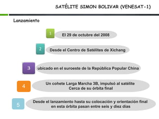 SATÉLITE SIMON BOLIVAR (VENESAT-1)
Lanzamiento
El 29 de octubre del 2008
Desde el Centro de Satélites de Xichang
ubicado en el suroeste de la República Popular China
Desde el lanzamiento hasta su colocación y orientación final
en esta órbita pasan entre seis y diez días
Un cohete Larga Marcha 3B, impulsó al satélite
Cerca de su órbita final4
5
 