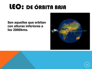 LEO: DE ÓRBITA BAJA
Son aquellos que orbitan
con alturas inferiores a
los 2000kms.
15
 