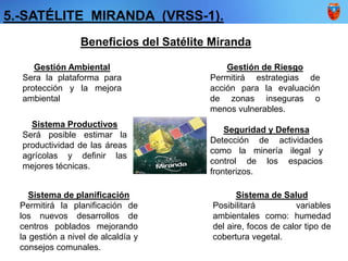 5.-SATÉLITE MIRANDA (VRSS-1).
Beneficios del Satélite Miranda
Gestión Ambiental
Sera la plataforma para
protección y la mejora
ambiental
Gestión de Riesgo
Permitirá estrategias de
acción para la evaluación
de zonas inseguras o
menos vulnerables.
Sistema Productivos
Será posible estimar la
productividad de las áreas
agrícolas y definir las
mejores técnicas.
Seguridad y Defensa
Detección de actividades
como la minería ilegal y
control de los espacios
fronterizos.
Sistema de planificación
Permitirá la planificación de
los nuevos desarrollos de
centros poblados mejorando
la gestión a nivel de alcaldía y
consejos comunales.
Sistema de Salud
Posibilitará variables
ambientales como: humedad
del aire, focos de calor tipo de
cobertura vegetal.
 