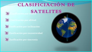 CLASIFICIACIÓN DE SATELITES Clasificación por centro Clasificación por altitud Clasificación por inclinación Clasificación por excentricidad Clasificación por sincronía 
