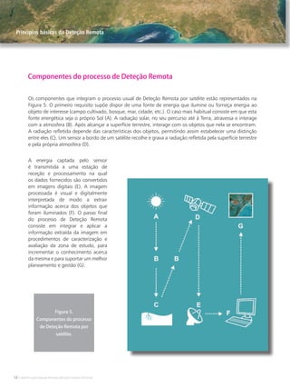 12 • Satélites para Deteção Remota aplicada à Gestão Territorial
Os componentes que integram o processo usual de Deteção Remota por satélite estão representados na
Figura 5. O primeiro requisito supõe dispor de uma fonte de energia que ilumine ou forneça energia ao
objeto de interesse (campo cultivado, bosque, mar, cidade, etc.). O caso mais habitual consiste em que esta
fonte energética seja o próprio Sol (A). A radiação solar, no seu percurso até à Terra, atravessa e interage
com a atmosfera (B). Após alcançar a superfície terrestre, interage com os objetos que nela se encontram.
A radiação refletida depende das características dos objetos, permitindo assim estabelecer uma distinção
entre eles (C). Um sensor a bordo de um satélite recolhe e grava a radiação refletida pela superfície terrestre
e pela própria atmosfera (D).
Componentes do processo de Deteção Remota
Figura 5.
Componentes do processo
de Deteção Remota por
satélite.
A energia captada pelo sensor
é transmitida a uma estação de
receção e processamento na qual
os dados fornecidos são convertidos
em imagens digitais (E). A imagem
processada é visual e digitalmente
interpretada de modo a extrair
informação acerca dos objetos que
foram iluminados (F). O passo final
do processo de Deteção Remota
consiste em integrar e aplicar a
informação extraída da imagem em
procedimentos de caracterização e
avaliação da zona de estudo, para
incrementar o conhecimento acerca
da mesma e para suportar um melhor
planeamento e gestão (G).
Principios básicos da Deteção Remota
 