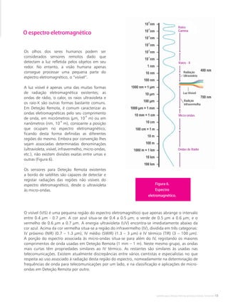 Satélites para Deteção Remota aplicada à Gestão Territorial • 13
O espectro eletromagnético
O visível (VIS) é uma pequena região do espectro eletromagnético que apenas abrange o intervalo
entre 0.4 μm - 0.7 μm. A cor azul situa-se de 0.4 a 0.5 μm; o verde de 0.5 μm a 0.6 μm; e o
vermelho de 0.6 μm a 0.7 μm. A energia ultravioleta (UV) encontra-se imediatamente abaixo da
cor azul. Acima da cor vermelha situa-se a região do infravermelho (IV), dividida em três categorias:
IV próximo (NIR) (0.7 – 1.3 μm), IV médio (SWIR) (1.3 – 3 μm) e IV térmico (TIR) (3 – 100 μm).
A porção do espectro associada às micro-ondas situa-se para além do IV, registando os maiores
comprimentos de onda usadas em Deteção Remota (1 mm – 1 m). Neste mesmo grupo, as ondas
mais curtas têm propriedades similares ao IV térmico. As restantes são similares às usadas nas
telecomunicações. Existem atualmente discrepâncias entre vários cientistas e especialistas no que
respeita ao uso associado à radiação desta região do espectro, nomeadamente na determinação de
frequências de onda para telecomunicações por um lado, e na classificação e aplicações de micro-
ondas em Deteção Remota por outro.
Figura 6.
Espectro
eletromagnético.
Os olhos dos seres humanos podem ser
considerados sensores remotos dado que
detectam a luz refletida pelos objetos em seu
redor. No entanto, a visão humana apenas
consegue processar uma pequena parte do
espectro eletromagnético, o “visível”.
A luz visível é apenas uma das muitas formas
de radiação eletromagnética existentes; as
ondas de rádio, o calor, os raios ultravioleta e
os raio-X são outras formas bastante comuns.
Em Deteção Remota, é comum caracterizar as
ondas eletromagnéticas pelo seu comprimento
de onda, em micrómetros (μm, 10
-6
m) ou em
nanómetros (nm, 10
-9
m), consoante a posição
que ocupam no espectro eletromagnético,
ficando desta forma definidas as diferentes
regiões do mesmo. Embora por convenção lhes
sejam associadas determinadas denominações
(ultravioleta, visível, infravermelho, micro-ondas,
etc.), não existem divisões exatas entre umas e
outras (Figura 6).
Os sensores para Deteção Remota existentes
a bordo de satélites são capazes de detectar e
registar radiações das regiões não visíveis do
espectro eletromagnético, desde o ultravioleta
às micro-ondas.
Ondas de Rádio
Radição
infravermelha
Raios
Gamma
Raios - X
Radiação
Ultravioleta
Luz Visível
Micro-ondas
 