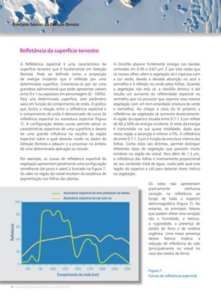 14 • Satélites para Deteção Remota aplicada à Gestão Territorial
A Refletância espectral é uma característica da
superfície terrestre que é fundamental em Deteção
Remota. Pode ser definida como a proporção
de energia incidente que é refletida por uma
determinada superfície. Caracteriza-se por ser uma
grandeza adimensional que pode apresentar valores
entre 0 e 1 ou expressos em percentagem (0 - 100%).
Para una determinada superfície, este parâmetro
varia em função do comprimento de onda. O gráfico
que ilustra a relação entre a refletância espectral e
o comprimento de onda é denominado de curva de
refletância espectral ou assinatura espectral (Figura
7). A configuração destas curvas permite extrair as
características espectrais de uma superfície e deverá
ter uma grande influência na escolha da região
espectral sobre a qual deverão incidir os dados de
Deteção Remota a adquirir e a processar no âmbito
de uma determinada aplicação ou estudo.
Por exemplo, as curvas de refletância espectral da
vegetação apresentam geralmente uma configuração
semelhante (de picos e vales) à ilustrada na Figura 7.
Os vales na região do visível resultam da existência de
pigmentação nas folhas das plantas.
Refletância da superfície terrestre
Principios básicos
de Teledetección
A clorofila absorve fortemente energia nas bandas
centradas em 0.45 e 0.67 μm. É por esta razão que
os nossos olhos vêem a vegetação sã e vigorosa com
a cor verde, devida à elevada absorção no azul e
vermelho e à reflexão no verde pelas folhas. Quando
a vegetação não está sã, a clorofila diminui e daí
resulta um aumento da refletividade espectral no
vermelho que irá provocar que vejamos essa mesma
vegetação com um tom amarelado (mistura de verde
e vermelho). Ao chegar à zona do IV próximo a
refletância da vegetação sã aumenta drasticamente.
A região do espectro situada entre 0.7-1.3 μm reflete
de 40 a 50% da energia incidente. O resto da energia
é transmitida na sua quase totalidade, dado que
nesta região a absorção é inferior a 5%. A refletância
de entre 0.7-1.3 μm é função da estrutura interna das
folhas. Como estas são distintas, permite distinguir
diferentes tipos de vegetação que parecem muito
similares na região do visível. Para além de 1.3 μm,
a refletância das folhas é inversamente proporcional
ao seu conteúdo total de água, razão pela qual esta
região do espectro é útil para detectar stress hídrico
na vegetação.
Os solos não apresentam
praticamente nenhuma
variação na refletância ao
longo de todo o espectro
eletromagnético (Figura 7). No
entanto, os principais fatores
que podem afetar esta variação
são a humidade, a textura,
a rugosidade, a presença de
óxidos de ferro e de matéria
orgânica. Uma maior presença
destes fatores implica a
redução de refletância do solo
(principalmente no visível no
caso dos óxidos de ferro).
Figura 7.
Curvas de refletância espectral.
Principios básicos da Deteção Remota
 