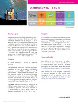 26 • Satélites para Deteção Remota aplicada à Gestão Territorial
Descrição geral
SatéliteexperimentaldaNASA(NationalAeronautics
and Space Administration) do denominado “New
Millennium Program” (NMP), lançado a 21 de
Novembro de 2000. Através dele foram testadas
e validadas novas tecnologias a aplicar em futuras
missões continuadoras do programa LANDSAT,
com o objetivo principal de reduzir os altos custos
atuais. Com a pretensão de comparar espacial e
temporalmente ambos tipos de imagens obtidas,
a órbita do EO-1 foi desenhada de modo que
passasse apenas 1 ou 2 minutos após o LANDSAT-7.
O satélite orbita a uma altitude de 705 km..
Sensores
O satélite transporta a bordo os seguintes
sensores:
•ALI (Advanced Land Imager). Sensor multiespectral
equivalente ao ETM+ do LANDSAT-7, com a única
diferença de possuir 10 bandas (ETM+ possui 7)
que abrangem a mesma largura do espectro, com
uma resolução espacial de 30 metros. Uma destas
bandas corresponde ao canal pancromático (480-
690 nm), apresentando uma resolução espacial de
10 metros. A largura de varredura é de 37 km e tem
una capacidade de visão lateral que vai até 15º.
•HYPERION. SSensor hiperespectral que dispõe de
220 bandas que vão desde os 400 aos 2.500 nm.
Cada banda apresenta uma largura espectral de
10 nm e uma resolução espacial de 30 metros. A
largura de varredura deste sensor é de 7,7 km.
EARTH OBSERVING – 1 (EO-1)
Fontes:
USGS http://eo1.usgs.gov
Imagens
O EO-1 fornece imagens multiespectrais captadas
pelo sensor ALI e imagens hiperespectrais captadas
pelo sensor HYPERION, com a resolução espacial
acima referida. A área abrangida por cada cena é
de 37 x 42 km no caso do ALI e de 7,7 x 42 km no
caso do HYPERION. Existe a opção, em ambos os
casos, de ampliar a largura da cena até aos 185
km. Tanto as imagens de arquivo como as novas
aquisições são gratuitas.
Comercialização
Este satélite, por ser experimental, não adquire
imagensdeformacontínua,havendoaindaperíodos
durante os quais não opera. Para fazer o download
de imagens de arquivo basta aceder aos websites
http://glovis.usgs.gov ou http://earthexplorer.usgs.gov.
Para pedidos de novas imagens é necessário
ser utilizador registado da USGS (United States
Geological Survey) e submeter on-line uma
solicitação de aquisição de novos dados em http://
edcsns17.cr.usgs.gov/eo1/dar/instructions.
http://eo1.usgs.gov
EO-1. Fontes: NASA
Satélites para Deteção Remota
Resolução espacial Resolução temporal Preço
16 dias
16 dias
 