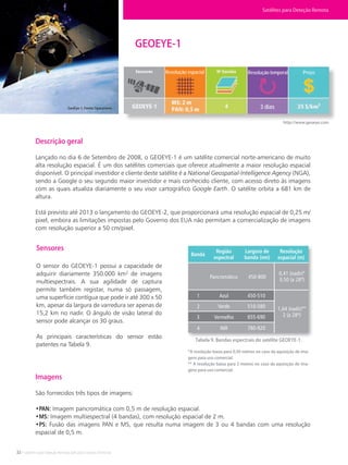 32 • Satélites para Deteção Remota aplicada à Gestão Territorial
GEOEYE-1
GeoEye-1. Fonte: Spacenews
Descrição geral
Lançado no dia 6 de Setembro de 2008, o GEOEYE-1 é um satélite comercial norte-americano de muito
alta resolução espacial. É um dos satélites comerciais que oferece atualmente a maior resolução espacial
disponível. O principal investidor e cliente deste satélite é a National Geospatial-Intelligence Agency (NGA),
sendo a Google o seu segundo maior investidor e mais conhecido cliente, com acesso direto às imagens
com as quais atualiza diariamente o seu visor cartográfico Google Earth. O satélite orbita a 681 km de
altura.
Está previsto até 2013 o lançamento do GEOEYE-2, que proporcionará uma resolução espacial de 0,25 m/
pixel, embora as limitações impostas pelo Governo dos EUA não permitam a comercialização de imagens
com resolução superior a 50 cm/pixel.
http://www.geoeye.com
Sensores
O sensor do GEOEYE-1 possui a capacidade de
adquirir diariamente 350.000 km² de imagens
multiespectrais. A sua agilidade de captura
permite também registar, numa só passagem,
uma superfície contígua que pode ir até 300 x 50
km, apesar da largura de varredura ser apenas de
15,2 km no nadir. O ângulo de visão lateral do
sensor pode alcançar os 30 graus.
As principais características do sensor estão
patentes na Tabela 9.
Tabela 9. Bandas espectrais do satélite GEOEYE-1.
*A resolução baixa para 0,50 metros no caso da aquisição de ima-
gens para uso comercial.
** A resolução baixa para 2 metros no caso da aquisição de ima-
gens para uso comercial.
Imagens
São fornecidos três tipos de imagens:
•PAN: Imagem pancromática com 0,5 m de resolução espacial.
•MS: Imagem multiespectral (4 bandas), com resolução espacial de 2 m.
•PS: Fusão das imagens PAN e MS, que resulta numa imagem de 3 ou 4 bandas com uma resolução
espacial de 0,5 m.
Satélites para Deteção Remota
Banda
Região
espectral
Largura de
banda (nm)
Resolução
espacial (m)
Pancromático
Azul
Verde
Vermelho
NIR
1
2
3
4
450-510
510-580
655-690
780-920
450-800
0,41 (nadir)*
0,50 (a 28º)
1,64 (nadir)**
2 (a 28º)
Resolução espacial Resolução temporal Preço
3 dias
 