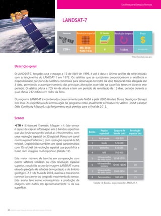38 • Satélites para Deteção Remota aplicada à Gestão Territorial
LANDSAT-7
LANDSAT 7. Fonte: NASA.
http://landsat.usgs.gov
Descrição geral
O LANDSAT-7, lançado para o espaço a 15 de Abril de 1999, é até à data o último satélite da série iniciada
com o lançamento do LANDSAT-1 em 1972. Os satélites que se sucederam proporcionaram a existência e
disponibilidade por parte de satélites comerciais para observação terrestre da série temporal mais alargada até
à data, permitindo o acompanhamento das principais alterações ocorridas na superfície terrestre durante este
período. O satélite orbita a 705 km de altura e tem um período de revisitação de 16 dias, período durante o
qual efetua 232 órbitas em redor da Terra.
O programa LANDSAT é coordenado conjuntamente pela NASA e pela USGS (United States Geological Survey)
dos EUA. As expectativas de continuação do programa estão atualmente centradas no satélite LDCM (Landsat
Data Continuity Mission), cujo lançamento está previsto para o final de 2012.
Sensor
•ETM+ (Enhanced Thematic Mapper +): Este sensor
é capaz de captar informação em 6 bandas espectrais
que vão desde o espectro visível ao infravermelho, com
uma resolução espacial de 30 m/pixel. Possui um canal
no infravermelho térmico com resolução espacial de 60
m/pixel. Disponibiliza também um canal pancromático
com 15 m/pixel de resolução espacial que possibilita a
fusão com imagens multiespectrais (Tabela 12).
Este maior número de bandas em comparação com
outros satélites similares ou com resolução espacial
superior, possibilita o uso de imagens LANDSAT numa
elevada panóplia de estudos de vegetação e de âmbito
geológico. A 31 de Maio de 2003, avariou o mecanismo
corretor do scanner ao longo do movimento do sensor.
Esta avaria teve como consequência a produção de
imagens sem dados em aproximadamente ¼ da sua
superfície.
Tabela 12: Bandas espectrais do LANDSAT-7.
Satélites para Deteção Remota
Banda
Região
espectral
Largura de
banda (nm)
Resolução
espacial (m)
Azul-verde
Verde
Vermelho
Pancromática
NIR
Infravermelho
de onda curta
Infravermelho
térmico
Infravermelho
de onda curta
2
1
3
8
4
5
6
7
520-600
630-690
500-900
760-900
1550-1750
10400-12500
2080-2350
450-520
30
15
60
30
Resolução espacial Resolução temporal Preço
16 dias
 